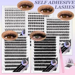 864 Pcs Self Adhesive Eyelash Clusters, Self Adhesive Eyelashes, 40D/100D/Nature/Wispy No Glue Needed, Invisible Strip Tape - Longer Lasting, No Sticky Residue Pre Glued Eyelashes, Comes with matching tweezers