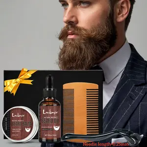 Men's Beard Care Kit, Beard Oil Balm Comb Roller Hydrating Moisturizing Anti-Frizz Softening Post-Shave Massage Relief