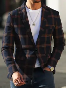 Men's Slim Fit Casual Long Sleeve Button-Down Blazer Jacket, Plaid Pattern Woven Fabric, Fitted Design for Outdoor Activities & Daily Wear