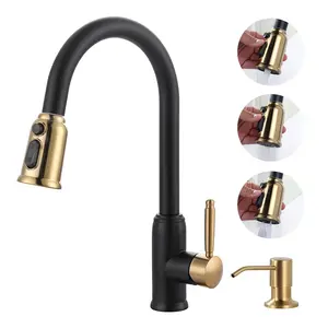 WOWOW Black Gold High Arc Pull Out Stainless Steel Kitchen Faucet with Pull Down Sprayer, Soap Dispenser for 2 or 4 Hole Sinks, High Arc Faucet, Pull Out Faucet