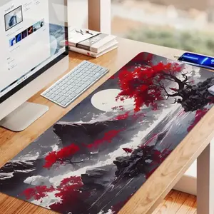 1pc, Full Moon Desk Mat Japanese Desk Mat, Black and Red Large Mouse Pad Gaming Mouse Pad, Extended Keyboard Pad 31.5 x 11.81 Inch, Laptop Mouse Keyboard Pad