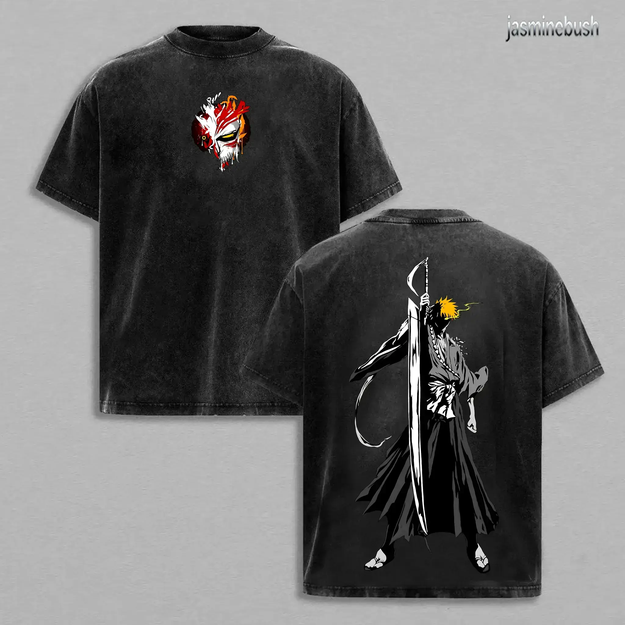 Vintage Washed Ichigo Bleach Anime Double Printed Graphic Tee - 100% Cotton Unisex Oversized Retro Acid Wash T-Shirt for Men & Women Japanese Manga Lover Gift Casual Lightweight Round Neck Streetwear Top Essential Y2K Anime Fandom Apparel Sweatshirt