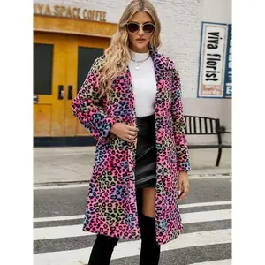 Women's Leopard Print Faux Fur Coat, Long Fashionable Winter Jacket, Plush Collar Design, Stylish Outerwear for Autumn & Winter Seasons Can be used with raincoat