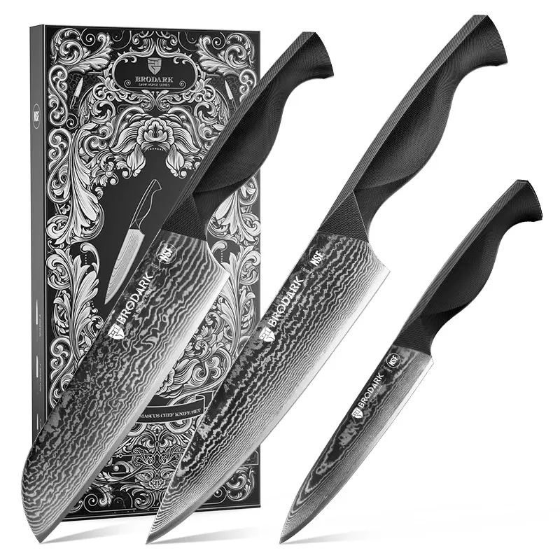 BRODARK Dark Horse Series 3-Piece Stylish Damascus Kitchen Knives Block Set - Sharp Multi-Use Professional Cooking Tools with Ergonomic Full-Tang ABS Handle for Home Use