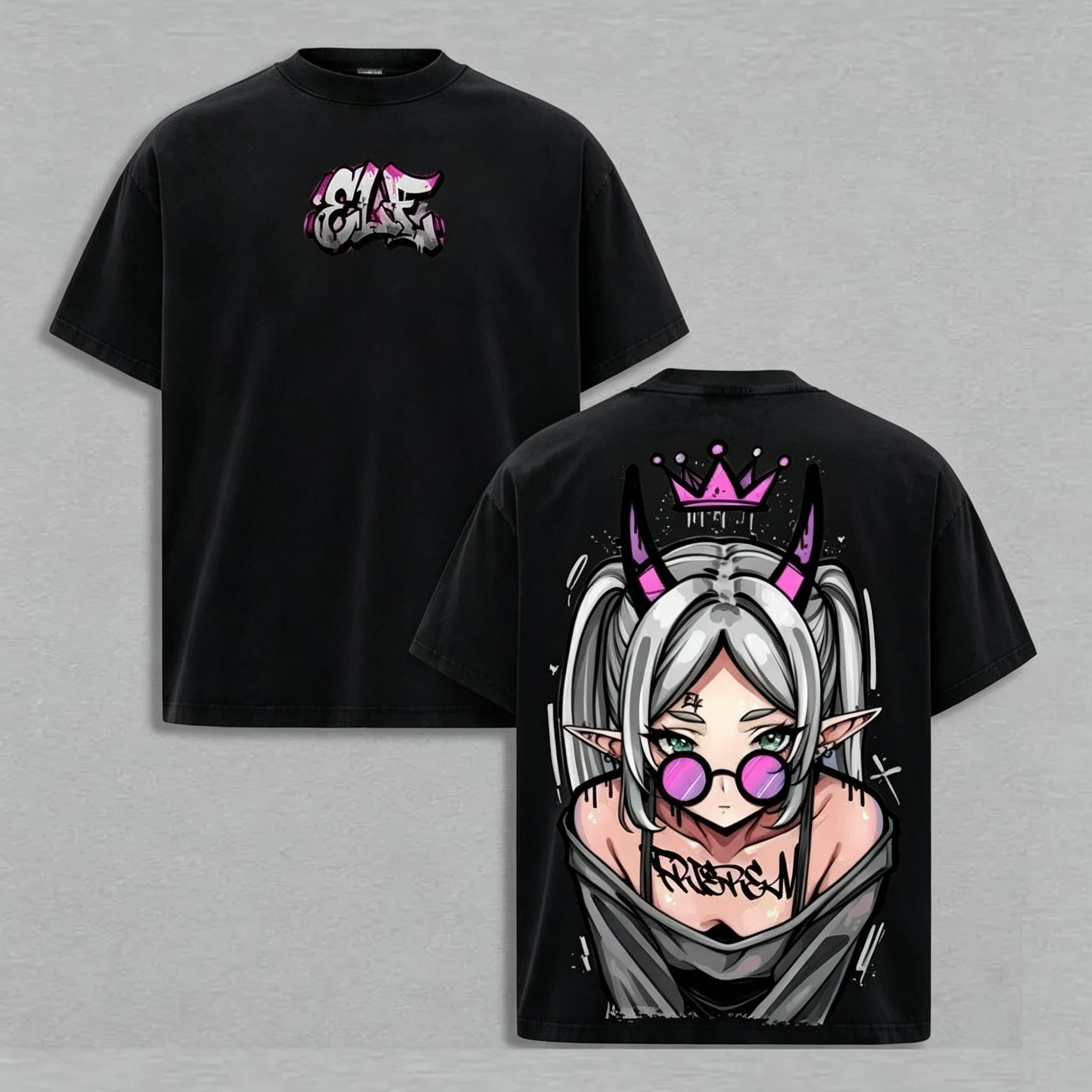 Frieren Streetwear Vintage Washed Anime T-Shirt | Demon Elf Girl Purple Crown Graphic Tee | Oversized Retro Shirt | Heavy Cotton Grunge Gift for Frieren Fans Unisex couple T-shirts  funny graphic tee men’s trendy t-shirts deals humorous 90s streetwear
