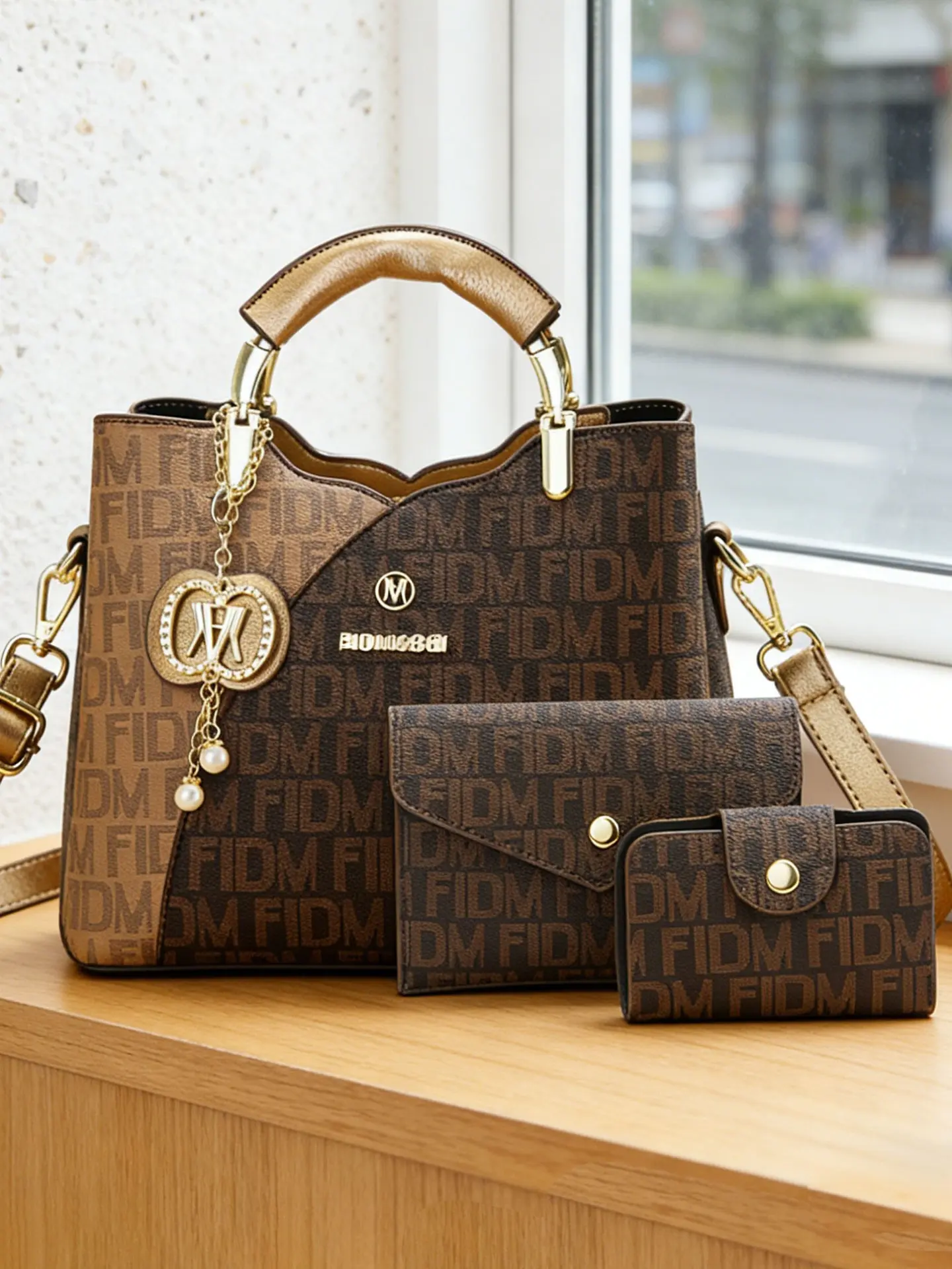 3-piece women's bag set, premium letter-printed ladies handbag with metal pendants, can be worn as a single shoulder or crossbody bag, elegant and versatile multi-pocket bucket bag, ideal gift for Mother's Day, Trendy commuter purse, Fashionable purse