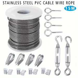 1 Pack, 2mm 590.55inch Stainless Steel Wire Rope Cable Hooks Hanging Kit Set, Wire Rope Kit, Stainless Steel Clothesline, 590.55inch Portable Windproof Retractable Clothesline, Heavy Duty Laundry Rope