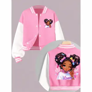 Girls Cropped Printed Casual Jacket, Color Block Varsity Style, Trendy Outerwear for Daily Outfits