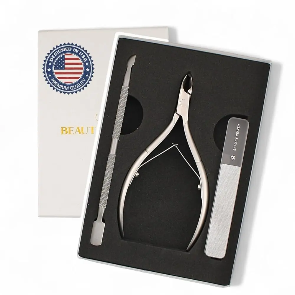 Beauty Power Stainless Steel Cuticle Nipper and Pusher Set for Manicure Pedicure - Matte Grey
