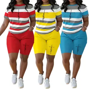 Plus Size Athletic Two Piece Striped Printed Set - Crew Neck Short Sleeve Top With Pockets And High Waisted Pocket Shorts - Medium Stretch Polyester, Machine Washable, Women's Athleisure Wear