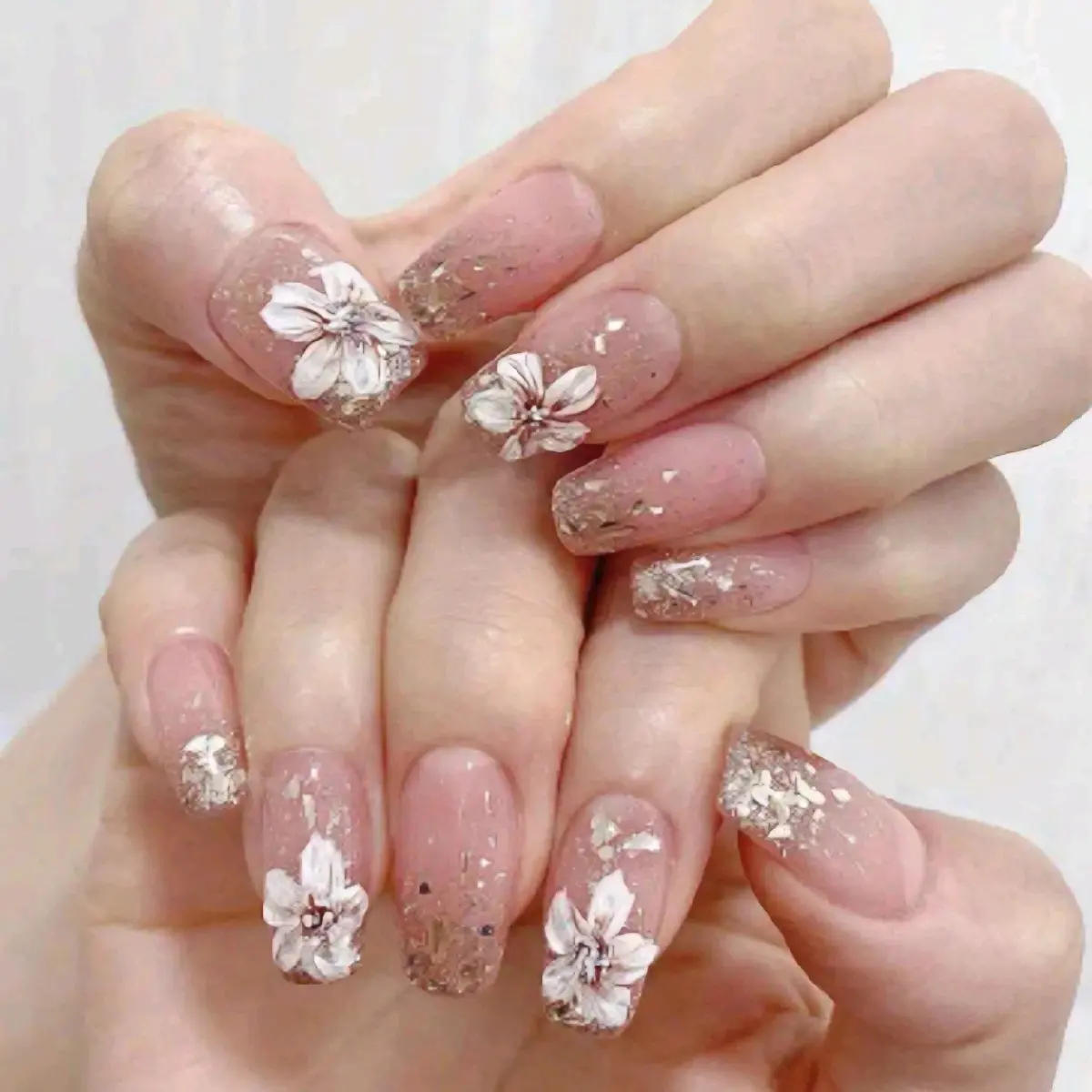 Long Coffin White Flower Design Press On Nails 24 CT
