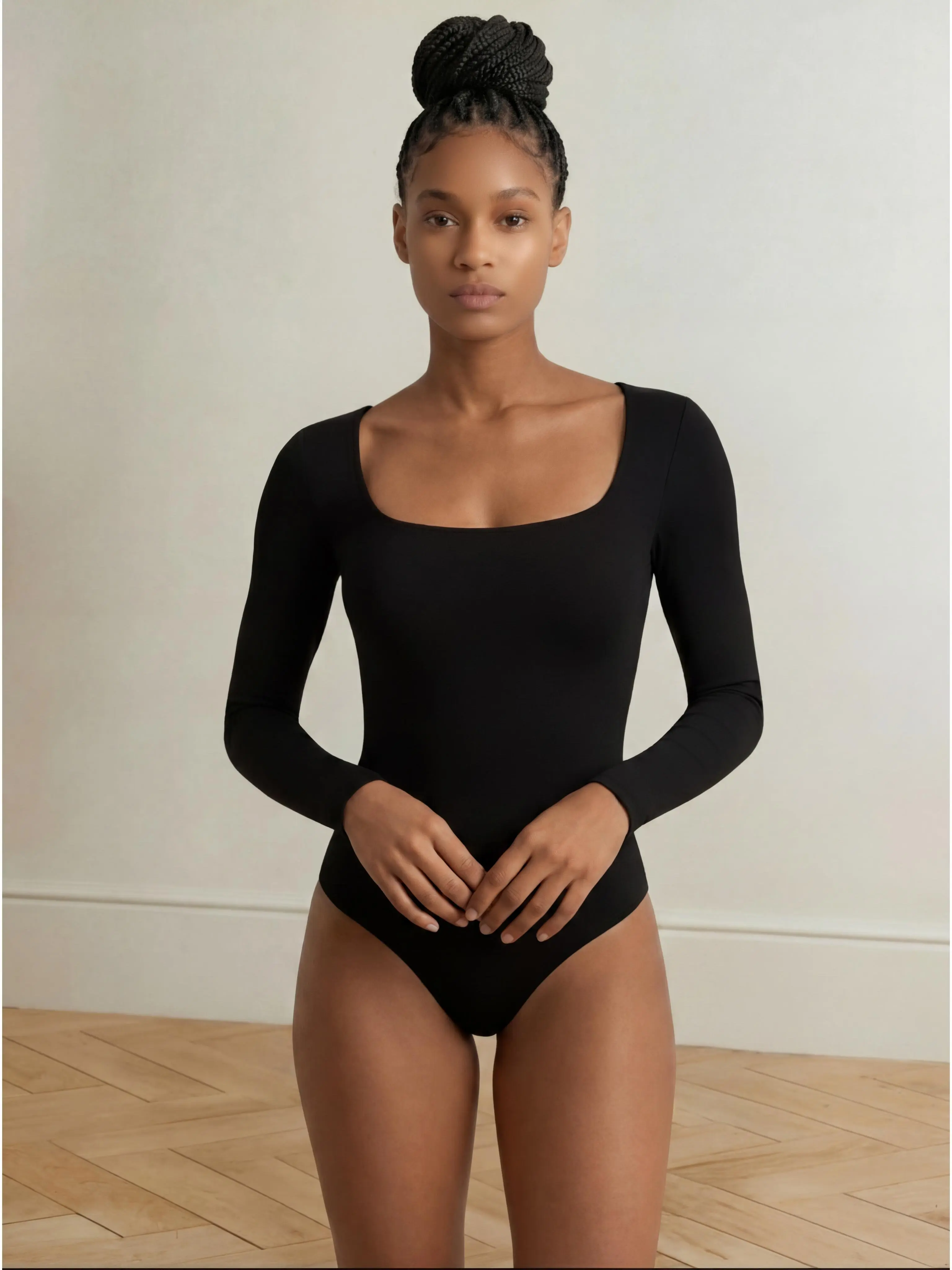 Long Sleeve Shaping Bodysuit Slims Arms & Waist | Black