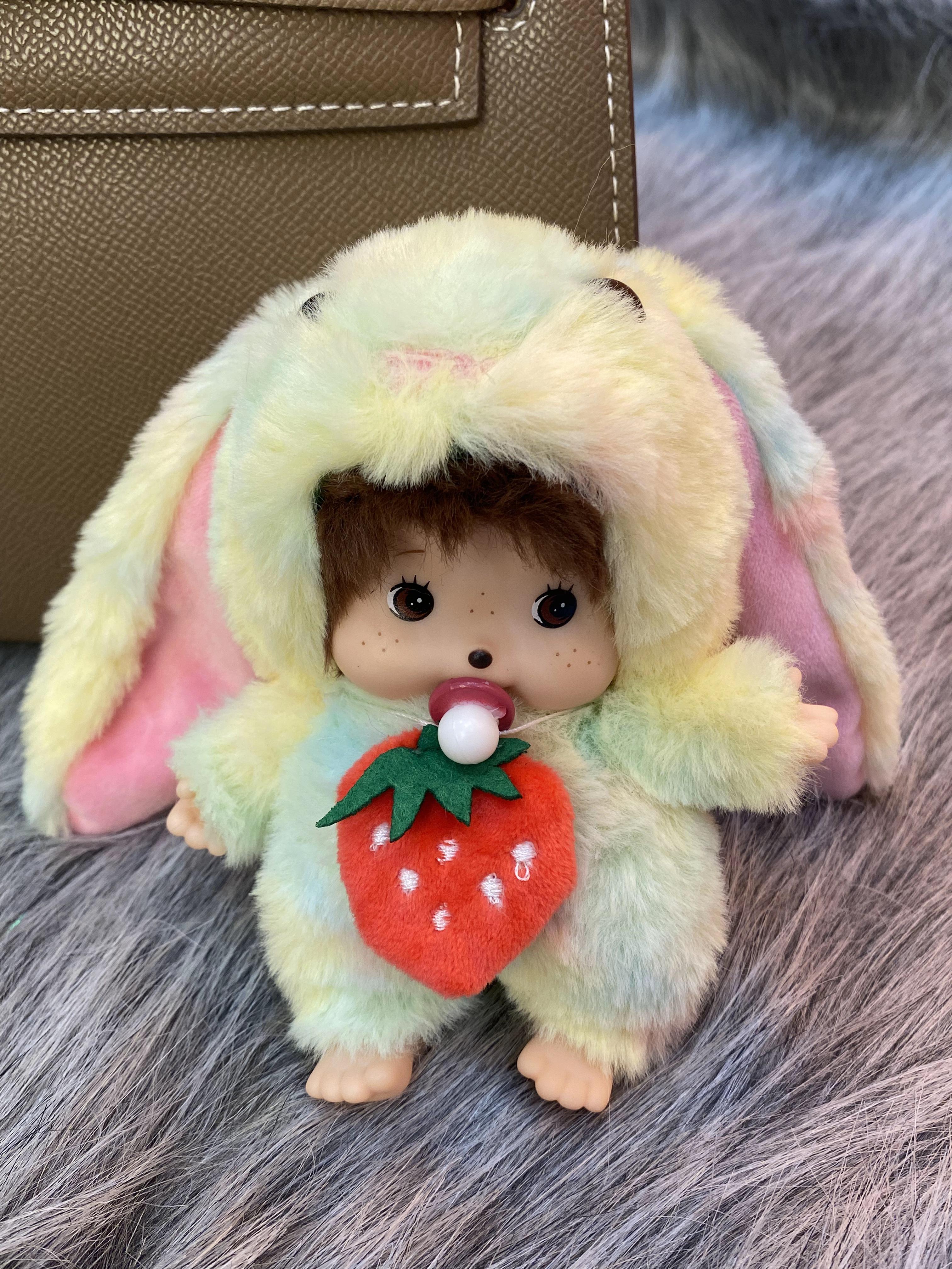 Strawberry Bunny Monchhichi Plush Keychain Butter Yellow Rabbit with Blue Ombre & Red Strawberry Detail Cute Gift for Her Soft Plush Fabric Mini Size Strawberry Bunny Monchhichi Plush Keychain Butter Yellow Rabbit with Blue Ombre & Red Strawberry Detail Cute Gift for Her Soft Plush Fabric Mini Size