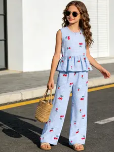 Girls Cherry Plaid Sleeveless Set, Summer Medium-Large Kids Ruffle Top + Wide Leg Pants, Children Casual Two-Piece Summer Clothing Set
