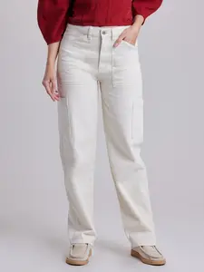 Women’s High-Rise Cargo Pants – Stretch Cotton Herringbone Straight Leg Utility Trousers
