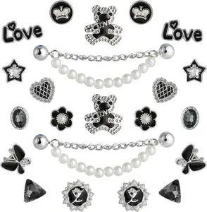 22Pcs Sparkle Rhinestone Shoe Charms Set, Bling Pearl LOVE Shoe Chains & Decoration Pins for Clog Sandals, Women Party Favors