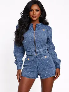 Washed Denim Rhinestone Jacket Short Set