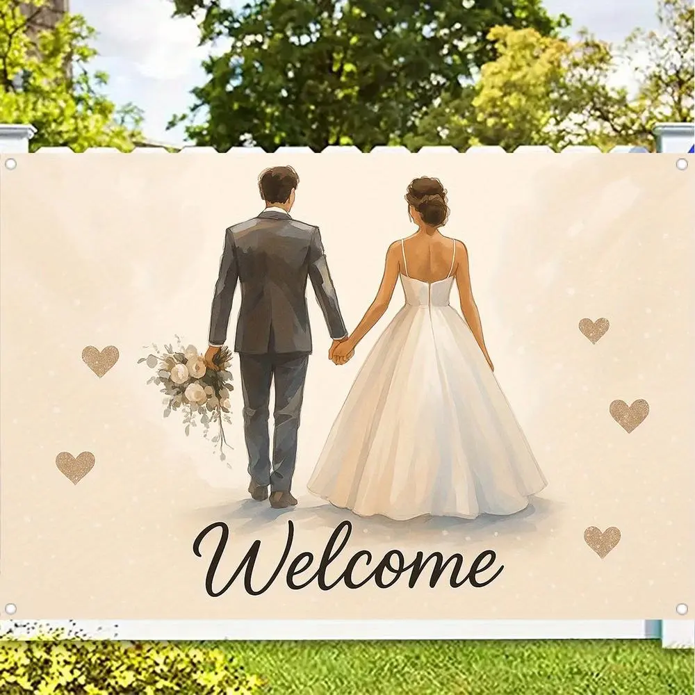 1pc Durable Polyester 2D Flat Wedding Welcome Banner - Mr & Mrs Bride & Groom Design with Floral Print, Hearts, Party Decoration Supplies, Standing Banner for Bridal Showers, Photo Booth,summerwins