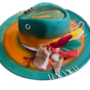 Wild Desert Sky Hand Burned Painted Cotton Polyester Wide Brim Hat Unique Beautiful Colors for All Occasions with Feathers