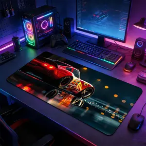 Red Race Car Night City Gaming Mouse Pad, Non Slip Mousepad, Extended Non-Slip Rubber Base Desk Mat, Gaming Room Accessories, Durable Office Desk Pad for Home Office & Gaming Setup, Gift for Racing Enthusiasts & Gamers
