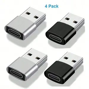4-Pack Silver & Black Type-C Female to USB 2.0 Male OTG Adapters - phone/earphone converter supporting charging & data sync for Android and Apple devices, Type-C adapter