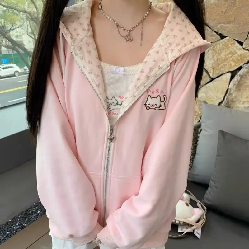 Korean  Kawaii Hooded Coat Women Thin Long Sleeve Zipper Cardigan Y2K Streetwear New Mid-length Loose Jackets