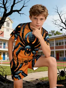 Spider Short Sleeve Shorts 3D Horror Print Home Set, Funny Kids Clothing, Halloween Festival Party, T-Shirt + Shorts, Summer Casual Sportswear