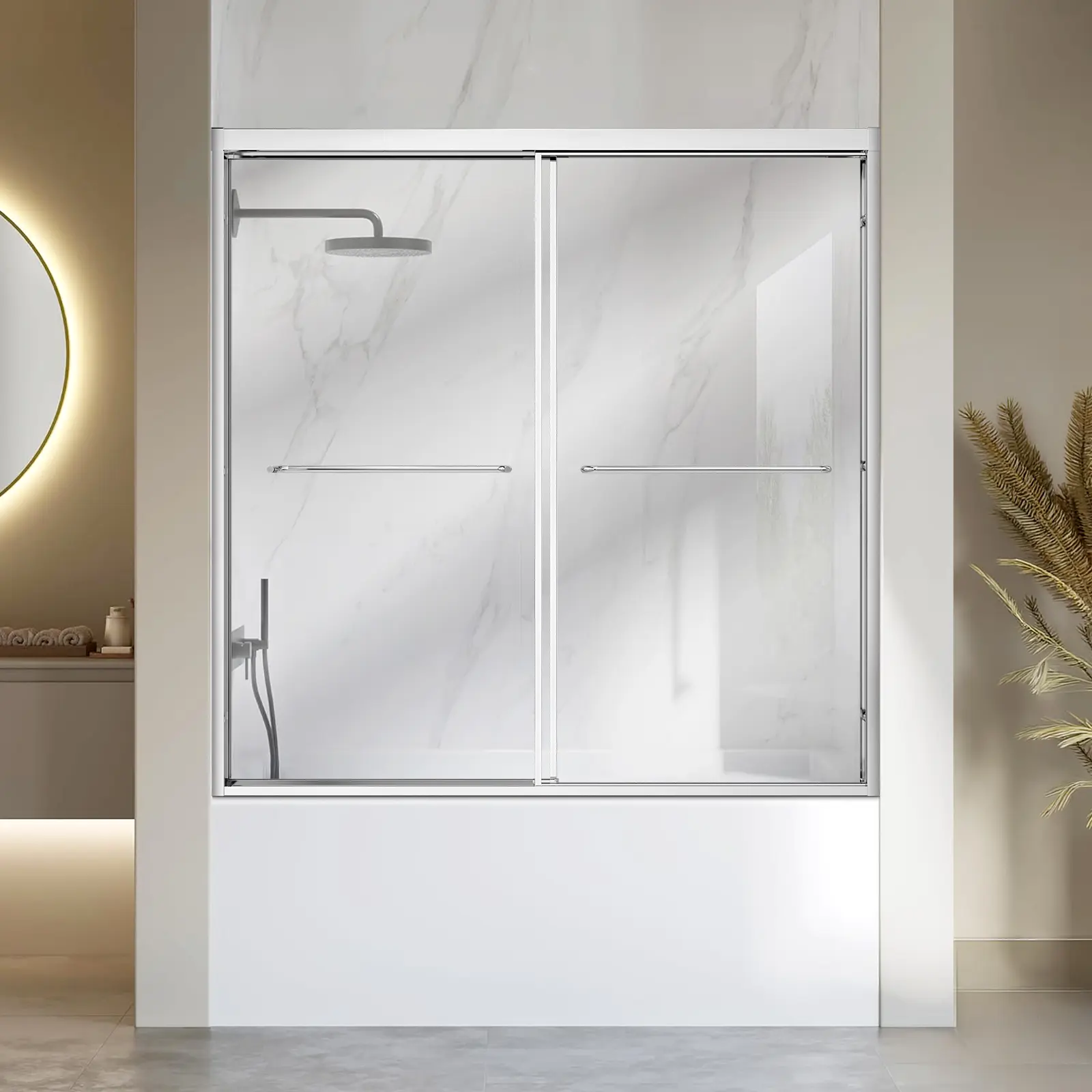 VEVOR Semi-Frameless Bypass Sliding Bathtub Shower Door, 60" W x 60" H, 1/4" Tempered Glass, Aluminum Slim Frame, 2 Stainless Steel Handles, Waterproof Seal, Silver Stainless Steel Shower Door, Stainless Steel Shower Doors