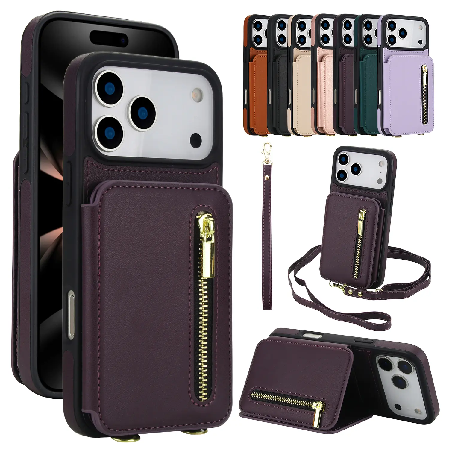 RFID Blocking Wallet Case for iPhone 18 Pro Max 17 16 15 14 13 Pro Max, PU Leather Card Holder Case, Zipper Pocket, Flip Kickstand Case with Wrist & Crossbody Strap