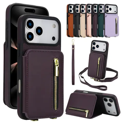 RFID Blocking Wallet Case for iPhone 18 Pro Max 17 16 15 14 13 Pro Max, Card Holder Case, Zipper Card Wallet, Flip Kickstand Case with Wrist & Crossbody Strap