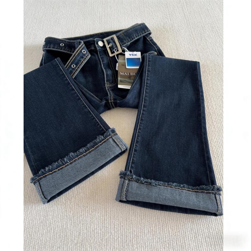 Women's Flattering Bootcut Denim Jeans High-Waisted Slim-Fit Stretchy Fabric Adjustable Belted Waist Leg-Lengthening Silhouette No-Gap Waist for Daily Errands Date Night Casual Chic Outfits