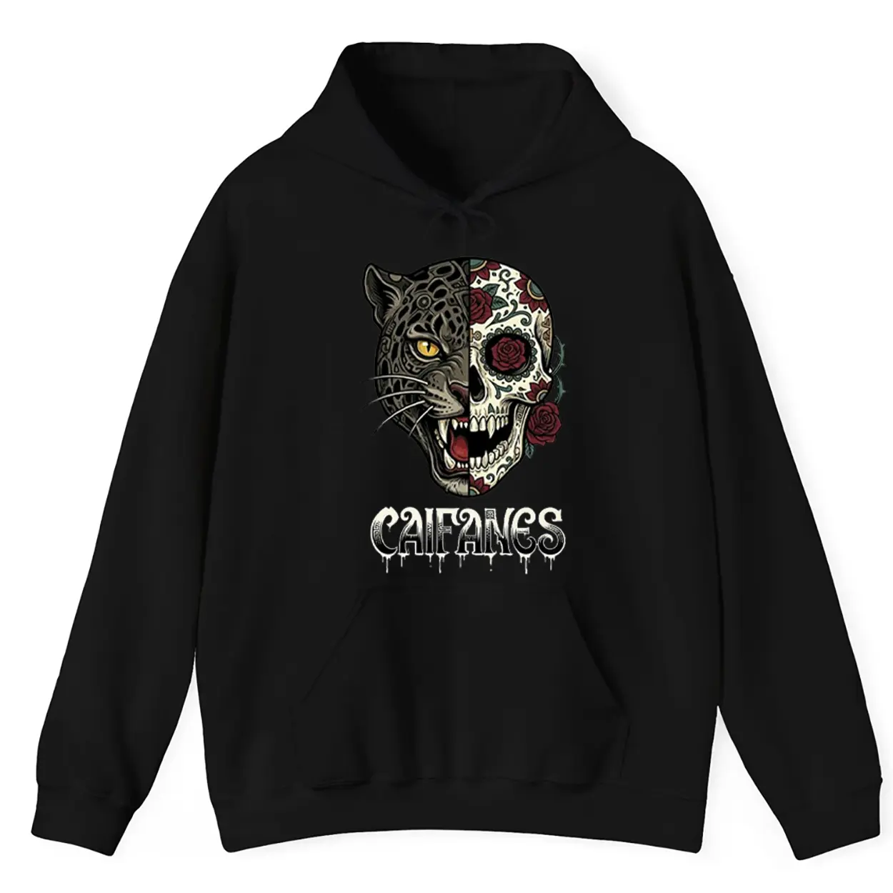 Caifanes Panther Skull Half Face Dia De Los Muertos Graphic Hoodie Fleece Fabric Casual Hooded Sweatshirt Trendy Tops Perfect Gift