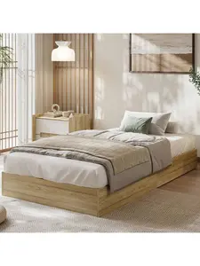 Queen Solid Wood Platform Bed With Sturdy Wooden Slats Floor-Standing Bed Frame Modern Minimalist Design Space-Saving Bed Frame No Box Spring Needed Easy Assembly Curved Upholstered Headboard