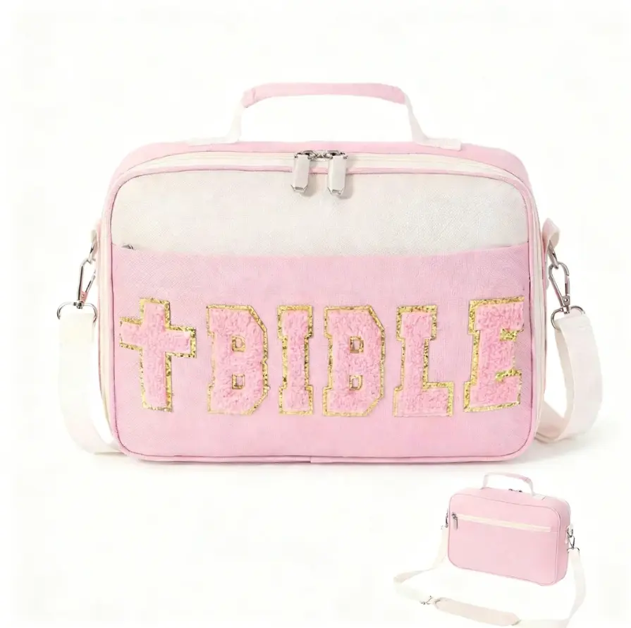 Modern Chenille Bible Tote Bag for Women with Cross, Multi-Pocket Scripture Organizer with Padded Removable Strap for Travel & Prayer Journals, Graduation Gift, 2026 Personal Milestone Gift, Active Ministry Participants, Zipper Closure