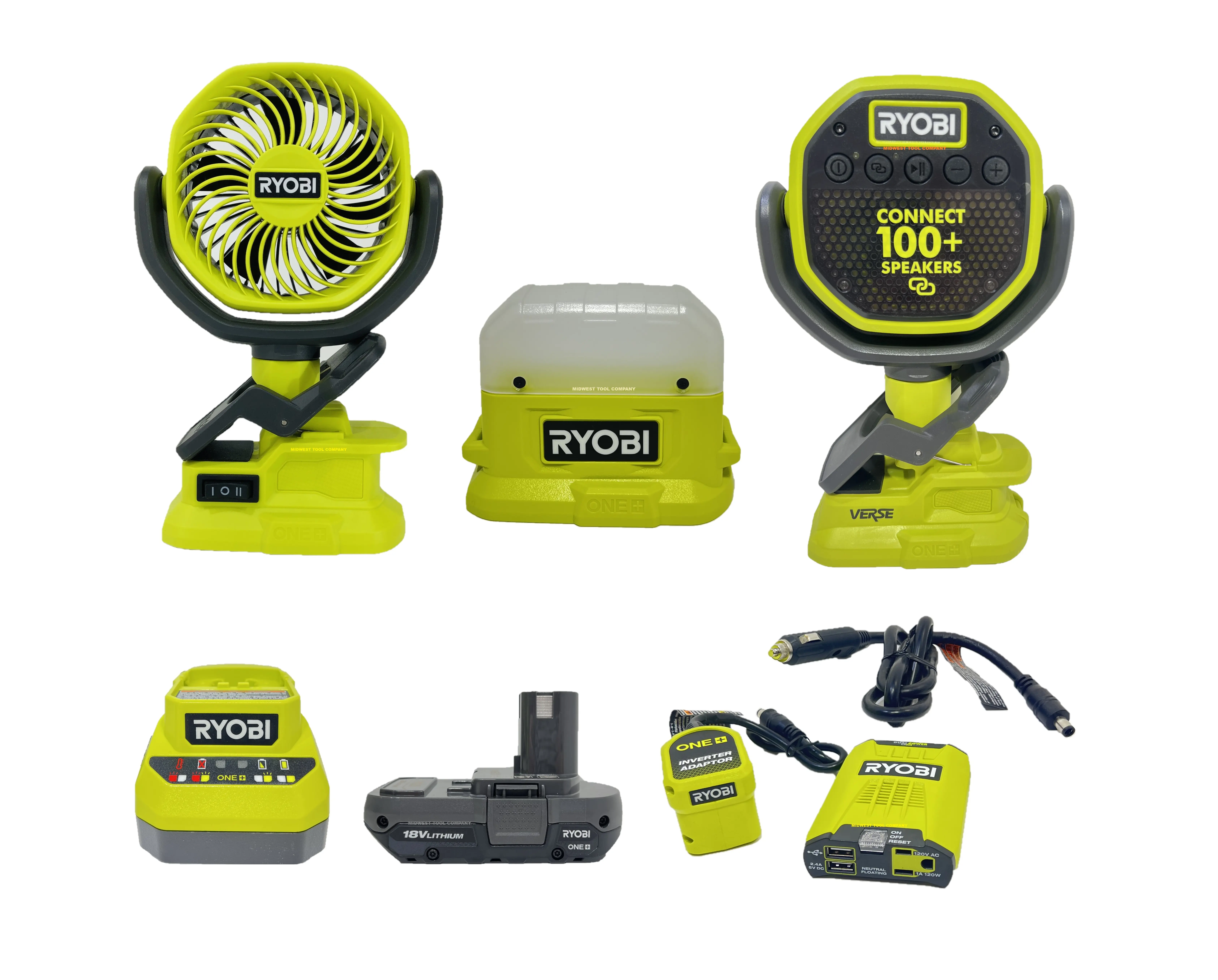 Ryobi 3 Tool Camping Kit with 18 Volt LED Area Light, Clamp Fan, Bluetooth Speaker, Power Inverter, Battery & Charger