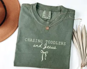 Comfort Colors Chasing Jesus and Toddlers Coquette TShirt,Christian Teacher T-Shirt, Aesthetic Faith Based Bow Tee, Christian Mom Gift, Beachy Tee,Teacher Tee
