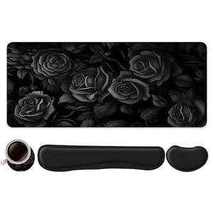 4pcs Gothic Black Rose Dark Floral Design Mouse Pad + Keyboard Wrist Rest + Ergonomic Mouse Pad + Coaster Set For Desktop Decoration, Office Accessories Set Ergonomic Wrist Support, Computer Mat Mouse Pad Coaster Suitable For Home Office Gaming Mousepad