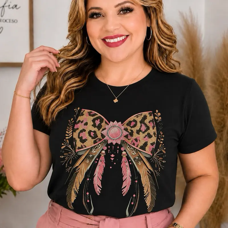 ALMA EDELIAS Women's Casual Crew Neck Spandex T-Shirt - BOW  Rhinestone, #184 Comfortable Short-Sleeve Womenswear Top