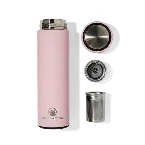 Tea Bottle with Infuser – Heat Resistant, Anti-Scald, Elegant Pink Design for Loose Leaf Herbal Teas by Remedy and Restore
