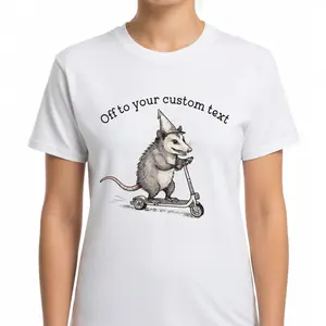 Opossum Riding Scooter Custom Text T-Shirt, Unisex Funny Feral Possum Personalized Message Graphic Tee, Silly Animal Lover Novelty Short Sleeve Apparel for Men and Women, Aesthetic Off To Somewhere Gift Fashion Top, Viral Trendy Retro Streetwear Shirt