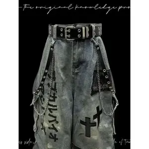 Gothic Punk Wasteland Jeans - Seven-Part Patchwork Wide Leg, Distressed Wrinkled Pants Menswear Trouser Man Streetwear Denim Pocket Tropical