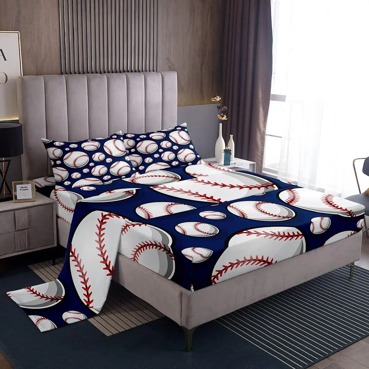 Feelyou Baseball Sheet Set - Luxury Sports-Themed, 3D Blue Ball Pattern, Soft Bedroom Bedding Set, Decorative, Breathable, Easy-Care Linens, Decorative Bedding Set