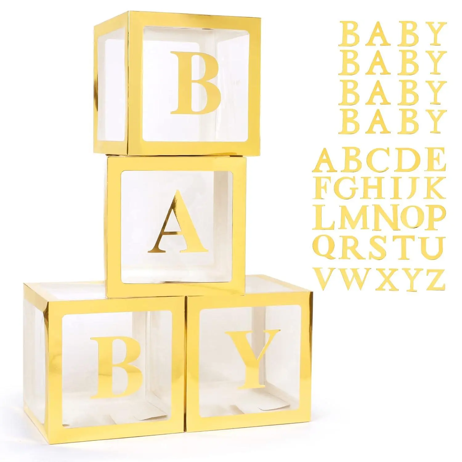 Baby Boxes With 42Pcs Letters For Baby Shower Transparent Balloon Boxes Clear Balloon Box Blocks For Boy Girl Gender Reveal Party And Birthday Party (Gold)