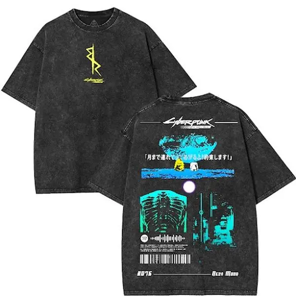 Retro David x Lucyna Cyberpunk Anime Vintage Wash Tshirts, Heavyweight Cotton Shirt Fabric Menswear Top Collar