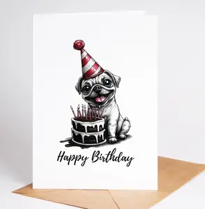 Adorable Pug Birthday Card on Premium Cardstock