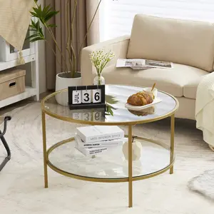 VINGLI Glass Coffee Table 30 Round Champagne Gold Coffee Tables for Living Room2-Tier Glass Top Coffee Table with Storage Clear Coffee TableSimple & Modern Center Table Mesa de Centro para Sala