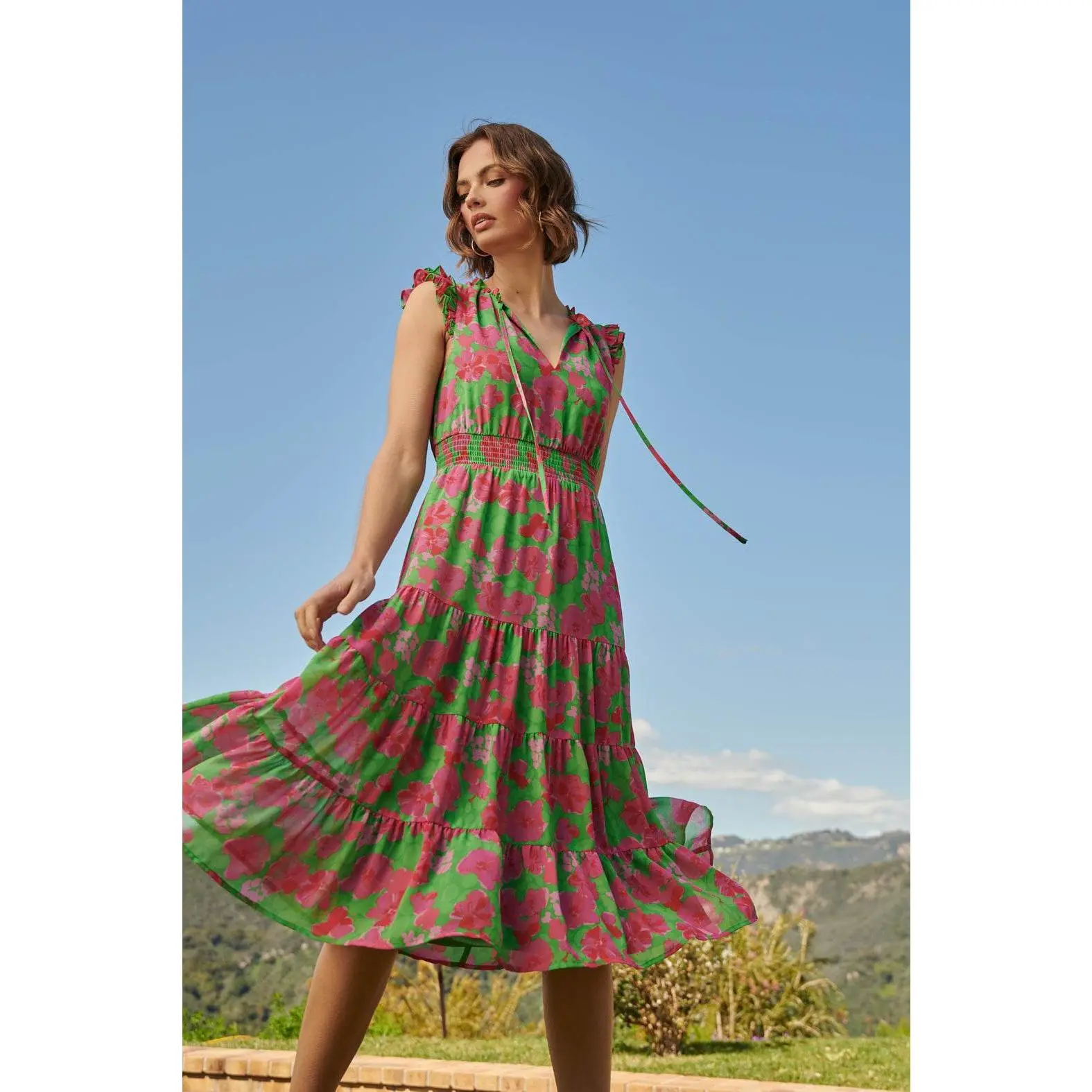 Sandia Floral Pisces Smocked Midi Dress