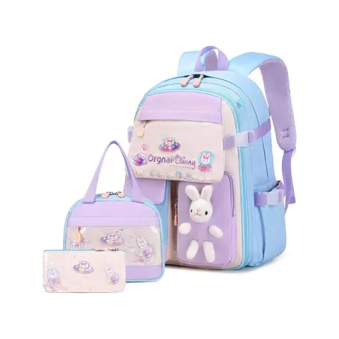 Girls' Cartoon Sequin Bunny 3-Piece Waterproof Durable Nylon School Bag Set - Kindergarten Student Backpack, Insulated Lunch Box, Lightweight Kawaii Daypack for Thanksgiving Camping & Hiking