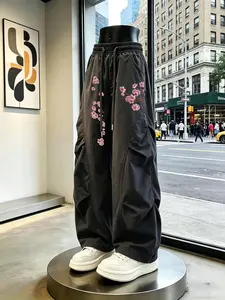 Dark Style Cherry Blossom Embroidered Wide Leg Cargo Pants, High Street Fashion Loose Fit Casual Long Trousers, All Seasons Wear, Aesthetic