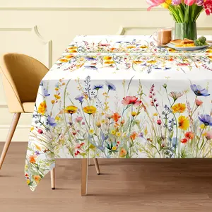 Watercolor Floral Tablecloth |   Machine-Made Polyester Rectangular Tablecloth with Elegant Spring Flower Pattern, Durable & Easy-Clean, Suitable for Standard Dining Tables, Natural Style Decor for Mother'S Day